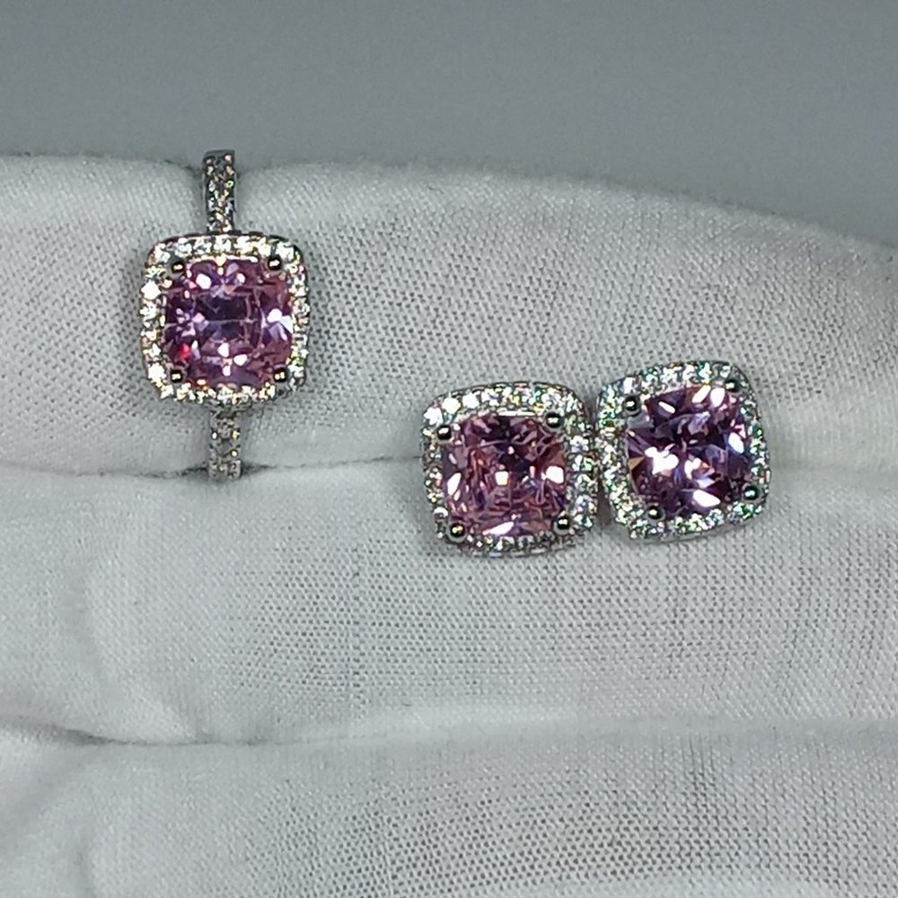 Sterling Silver Pink Diamond Earring & Ring Set
